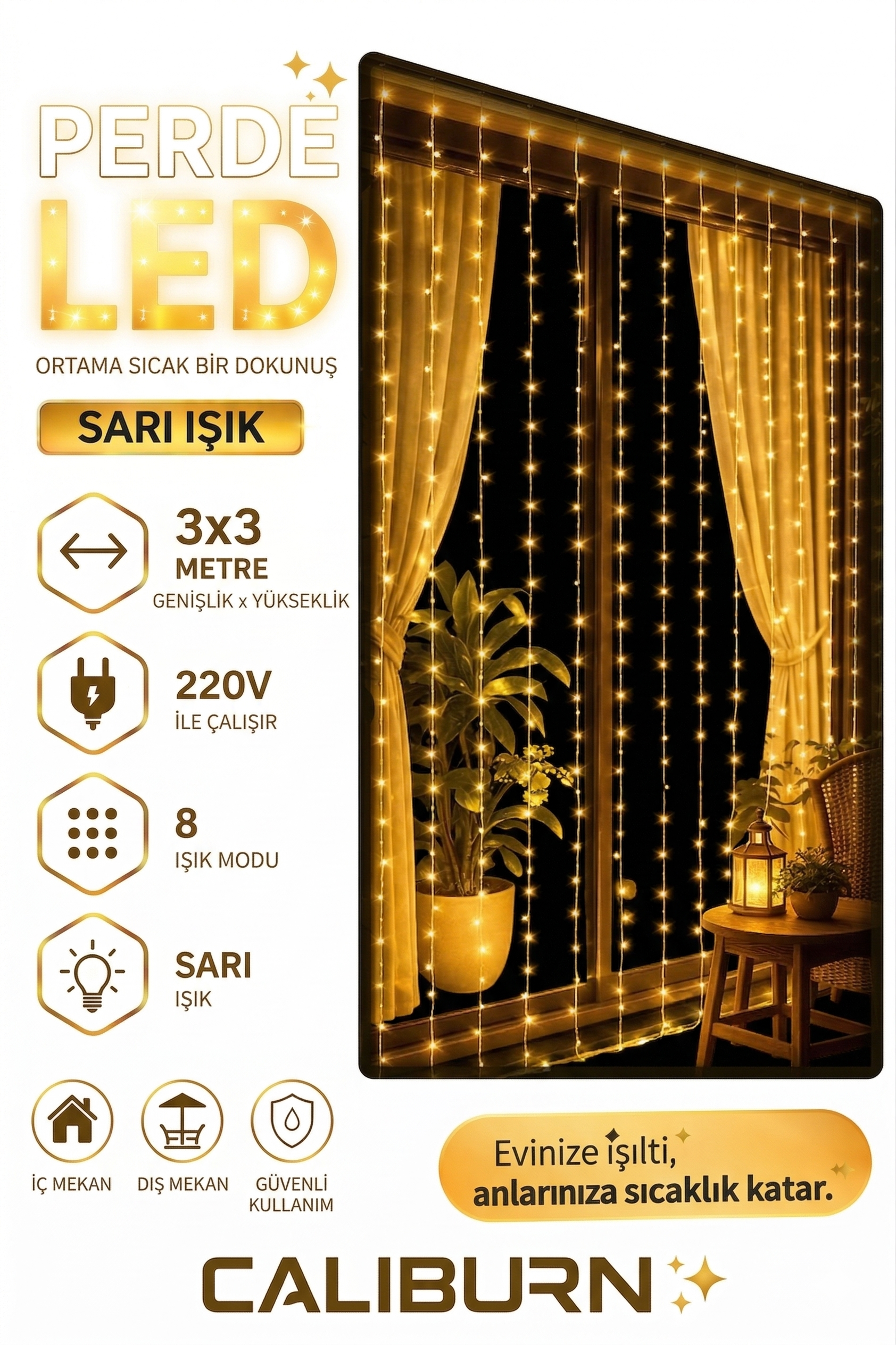 3x3m Premium Perde LED - 8 Fonksiyonlu, Su Geçirmez İç Dış Mekan Teras Dekor Işıkları